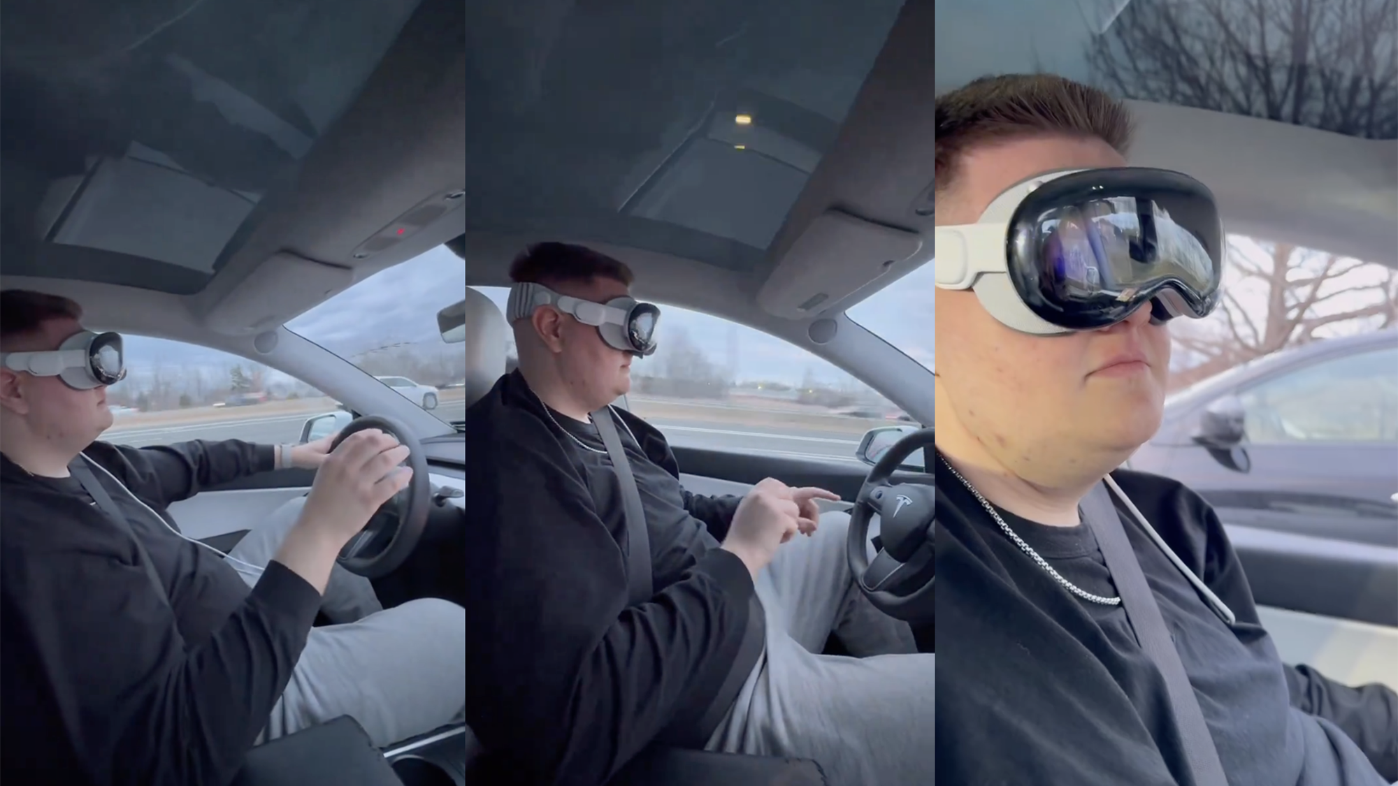Three screenshots of Tesla driver wearing Apple Vision Pro