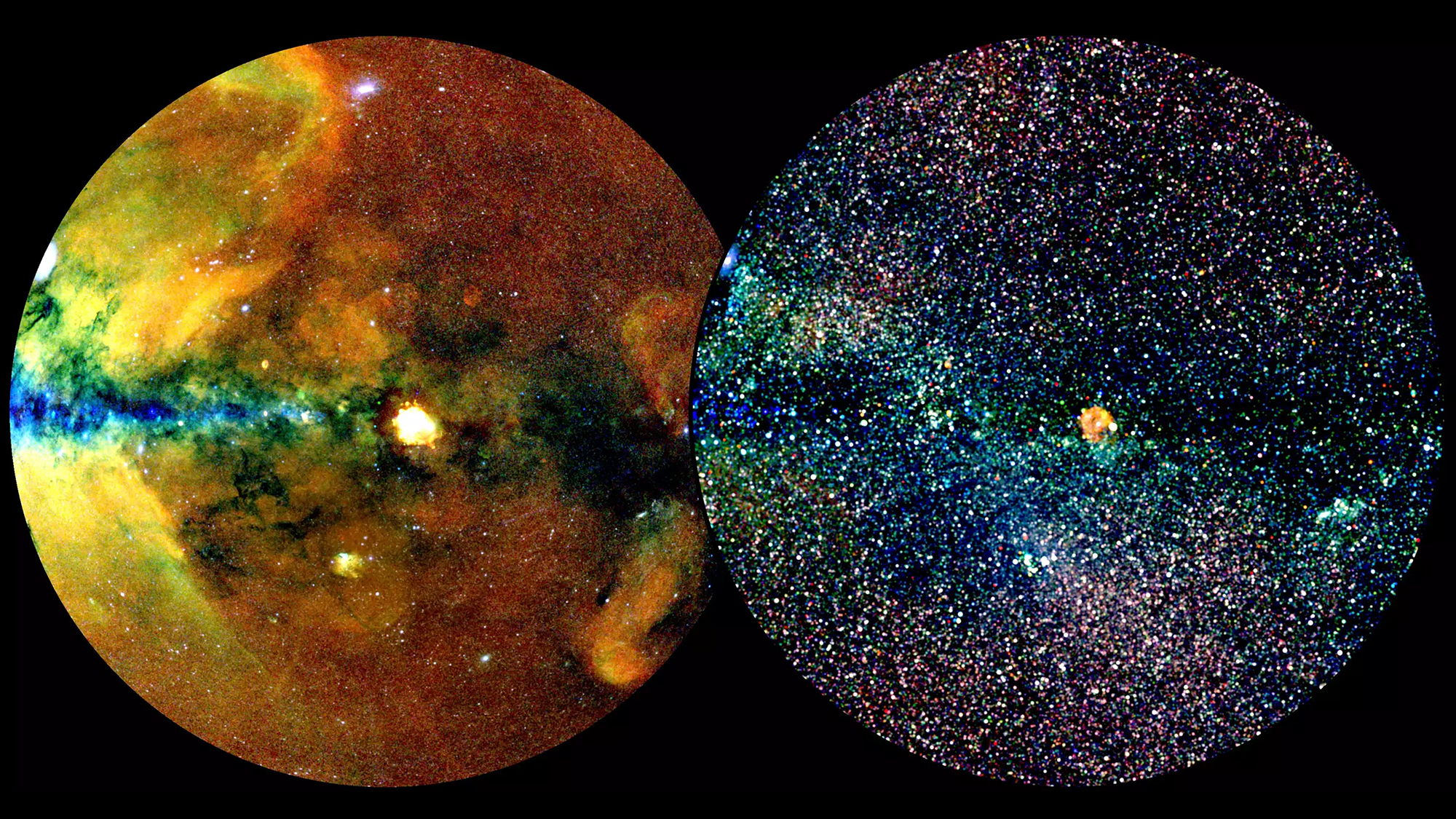 Two different versions of the eROSITA map. Extended X-ray emissions (left) and point-like X-ray sources (right).