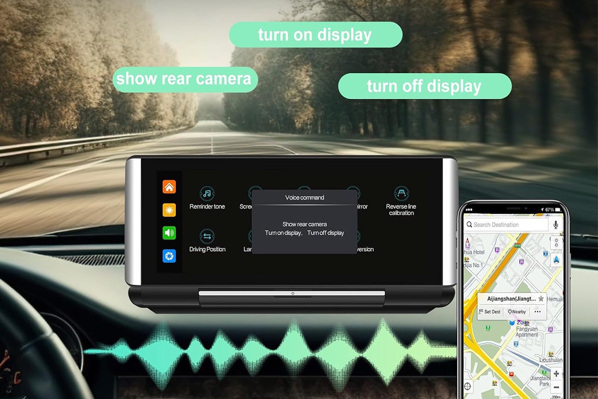 A portable dashboard display attached to a car and connected to a phone.