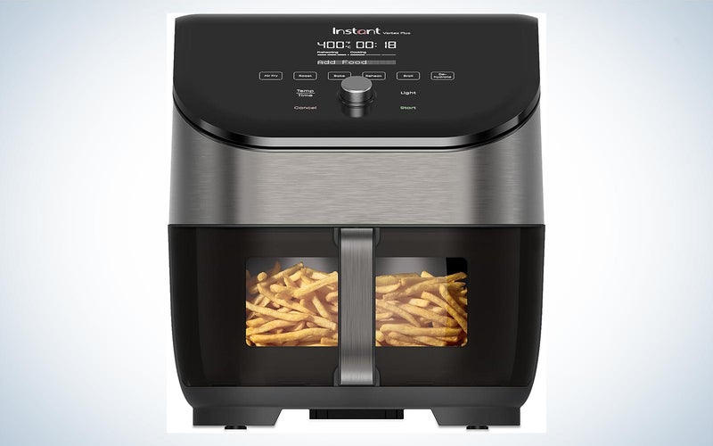 Instant 6Q Vortex air fryer on a plain background with french fries inside