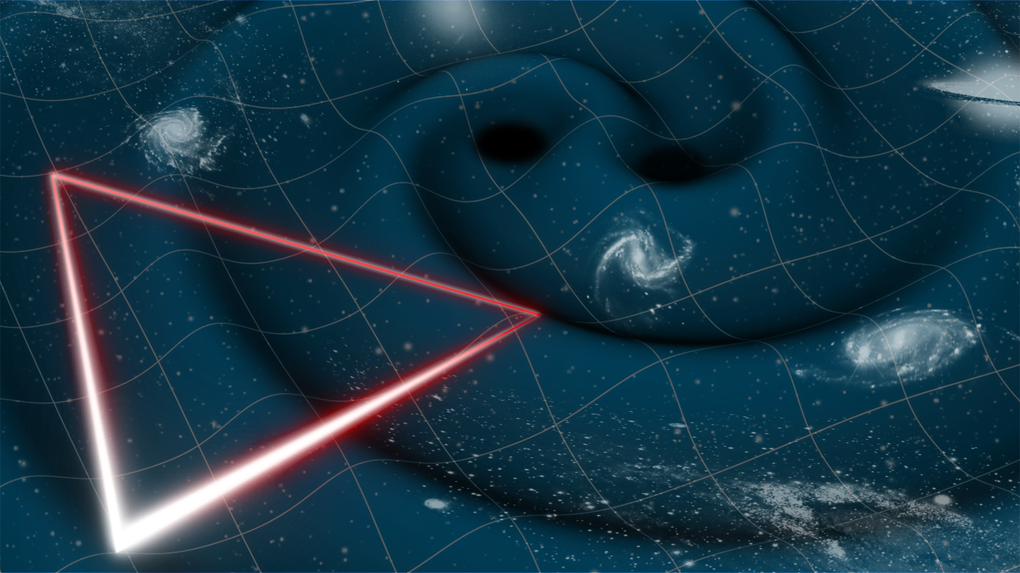 An artist's representation of two black holes generating gravitational waves, and LISA’s triangle of laser light.