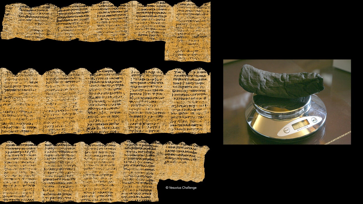 Left: Restored images of papyrus scrolls from Mount Vesuvius. Over 2,000 characters composing 15 lines of an ancient Greek scroll is now legible thanks to machine learning. Right: The scroll read by the winners.