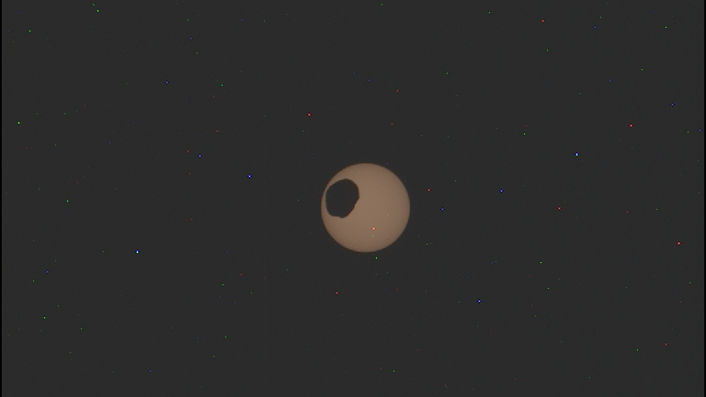 Phobos creating partial solar eclipse on Mars, image taken by Perseverance rover