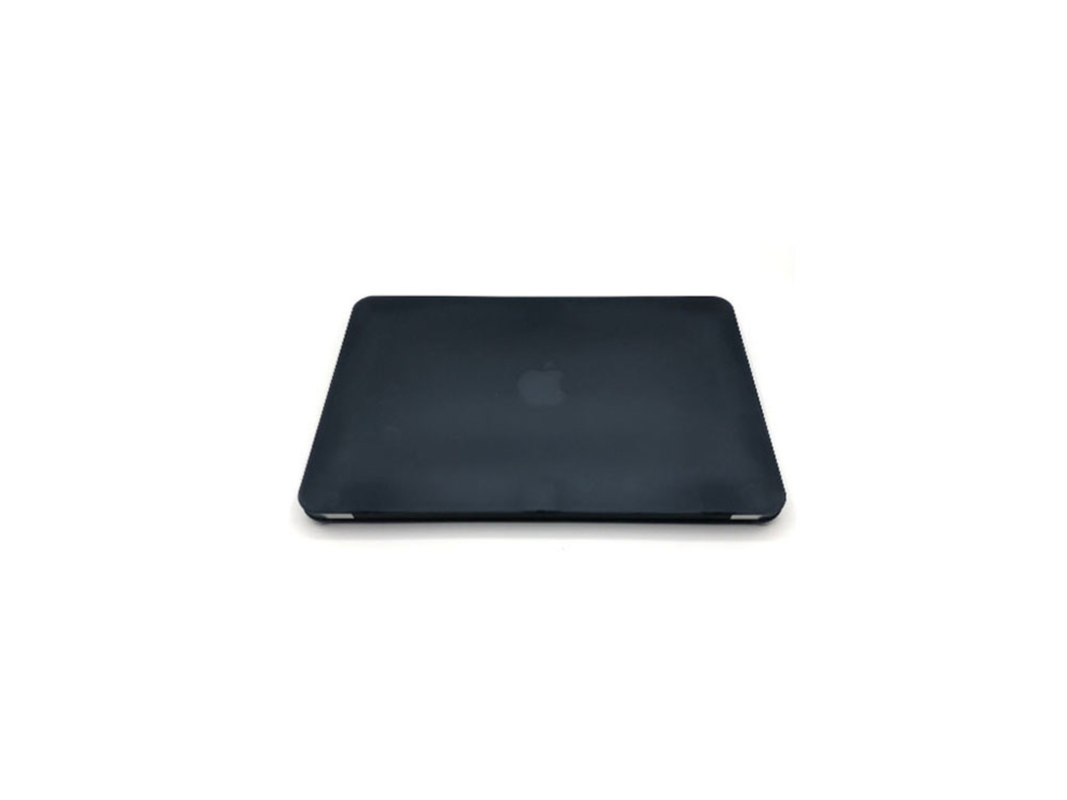 A 11-inch MacBook Air in a black plastic protective case on a plain background