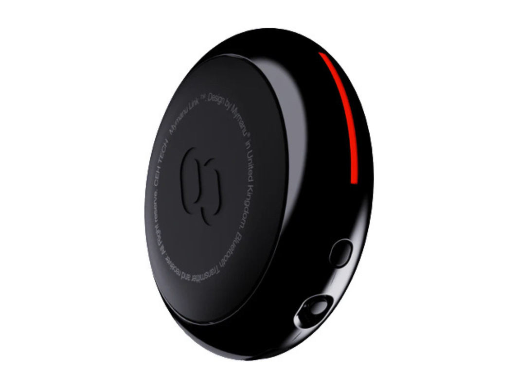 A black and red Mymanu Link wireless Bluetooth transmitter on a plain background.
