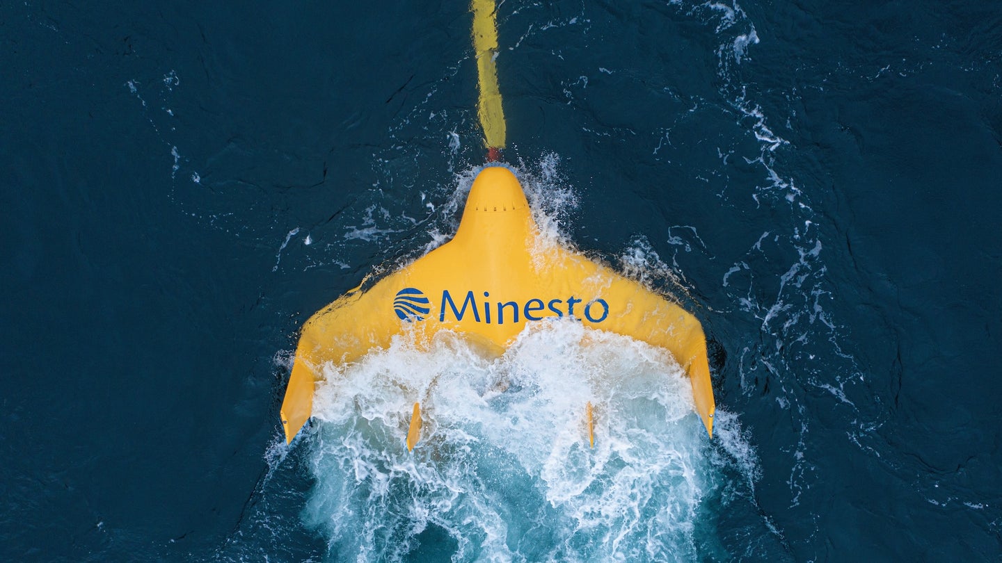 Minesto Dragon 4 undersea kite turbine traveling atop water
