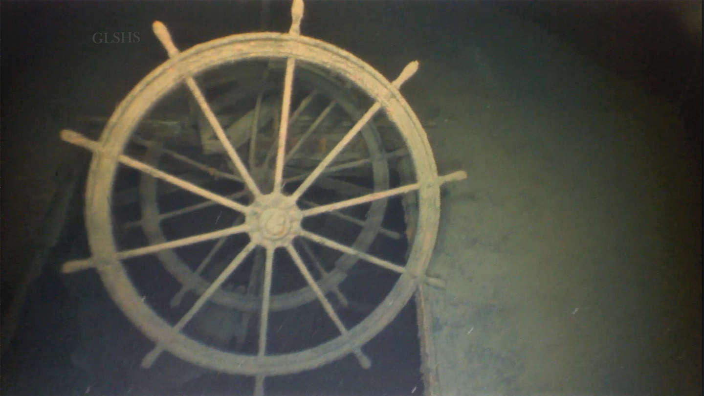 The wheel of the Arlington, about 600 feet underwater.