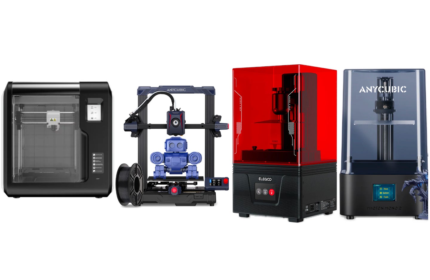 The best budget 3D printers for 2024 on a plain white background.
