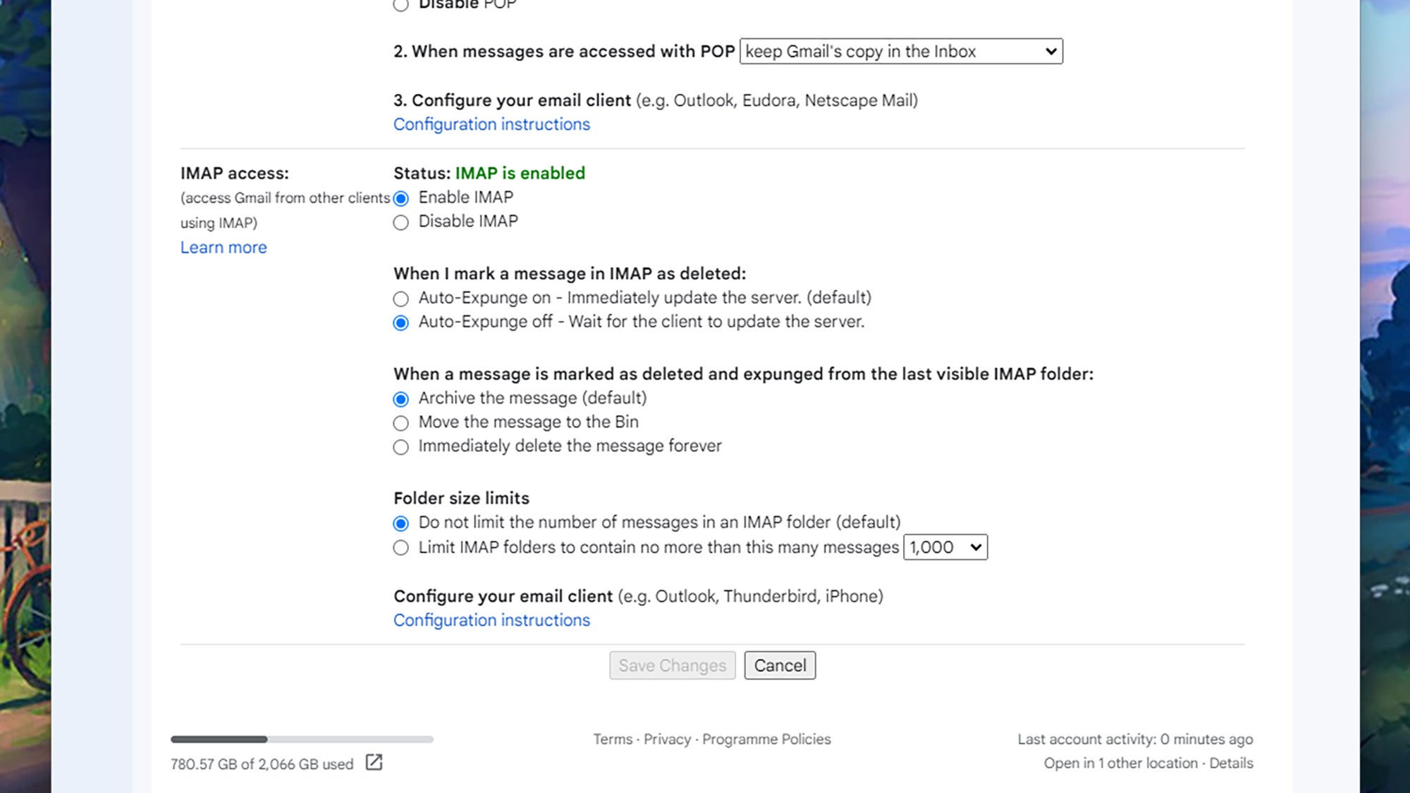 Screenshot of IMAP page on Gmail