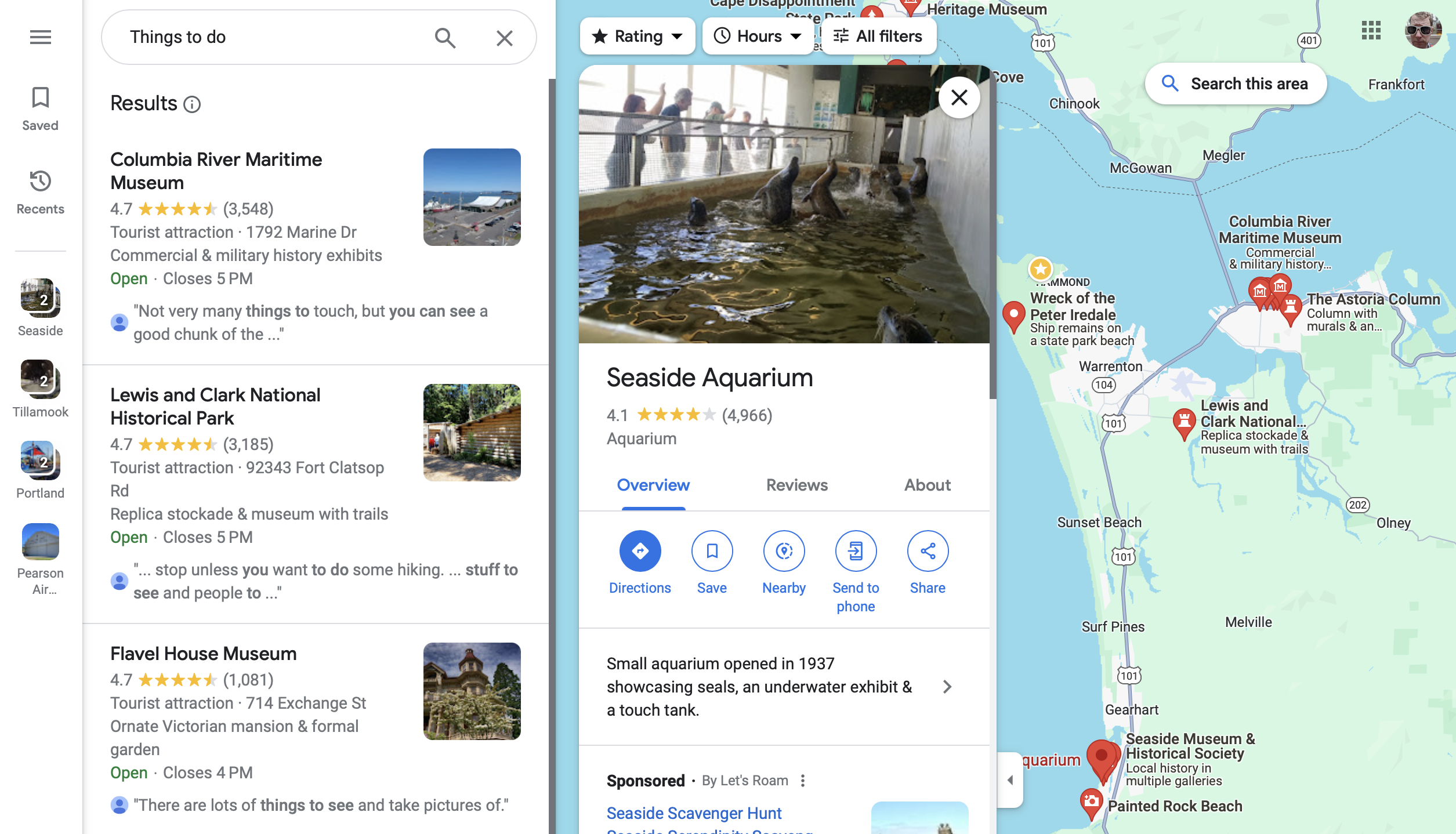 Screenshot of Google Maps in seaside Oregon with notable places marked in red