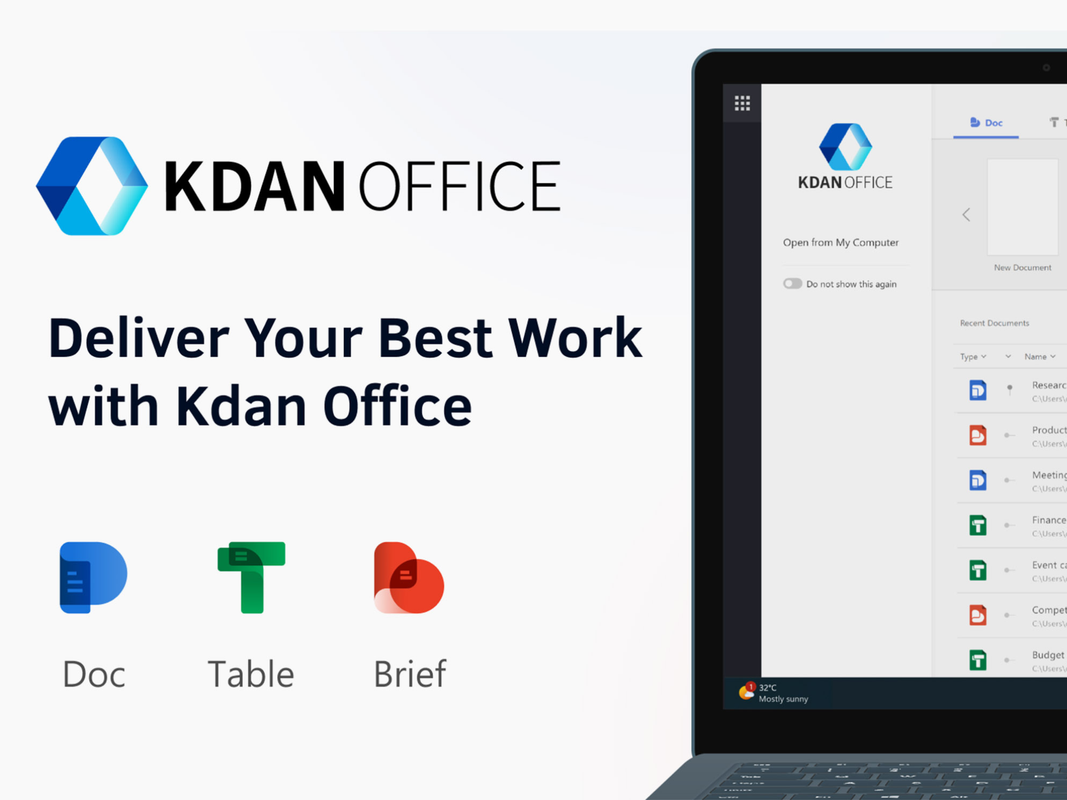 An advertisement for KDAN office with KDAN office pulled up on a Windows laptop.