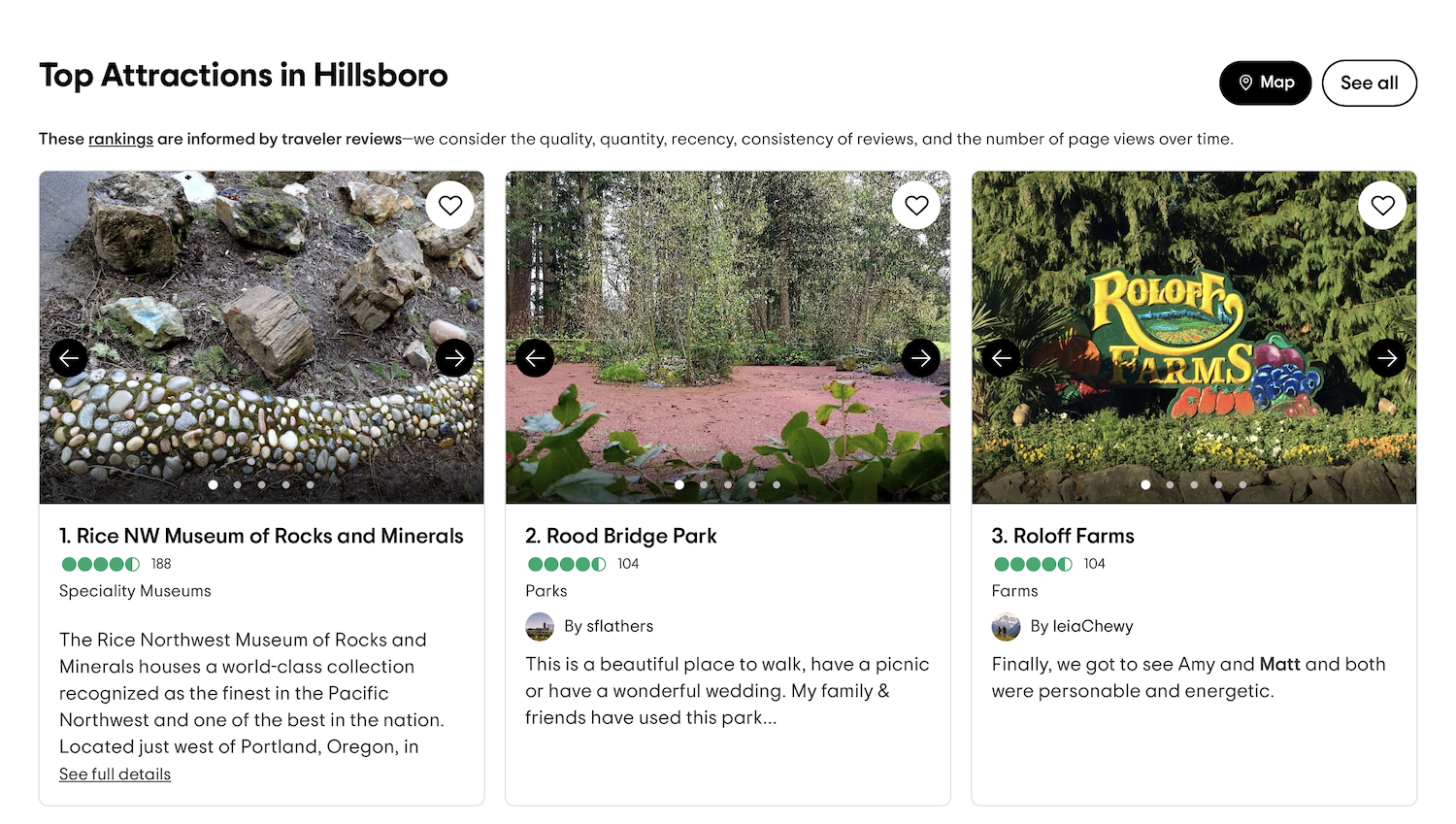 screenshot of TripAdvisor website with list of top attractions in HIllsboro, Oregon