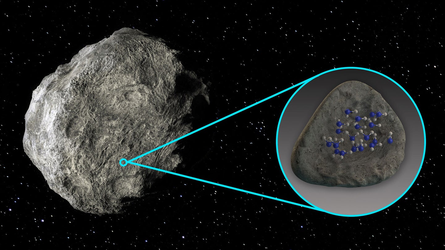 A graphic rendering of an asteroid in space, with a close up on where water molecules are on the surface.