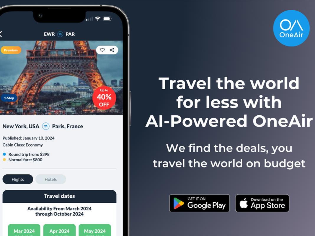 The OneAir AI flight deal app pulled up on a phone.