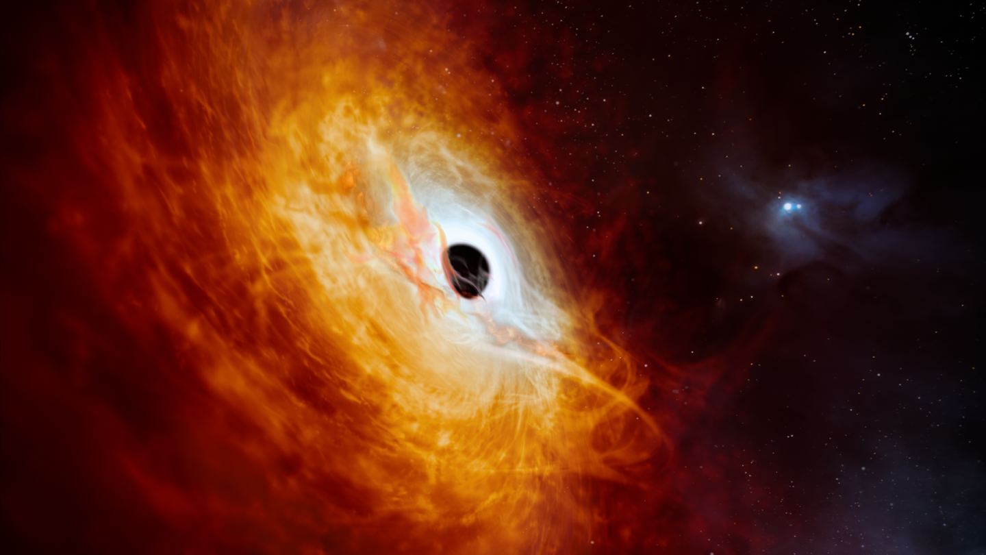 An artist’s impression of quasar J059-4351, the bright core of a distant galaxy that is powered by a supermassive black hole. This quasar has been found to be the most luminous object known in the universe to date.