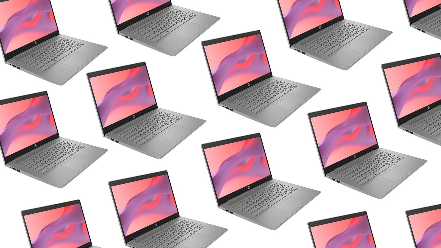 HP Chromebooks arranged in a pattern on a plain background