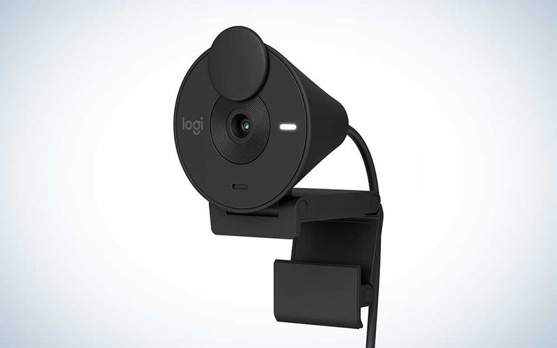 A black Logitech Brio 301 Full HD webcam on a plain blue background.