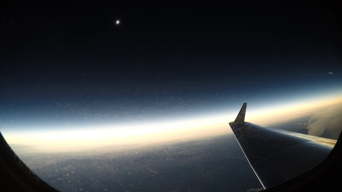 A total solar eclipse is seen on Monday, Aug. 21, 2017, from onboard a NASA Armstrong Flight Research Center’s Gulfstream III 25,000 feet above the Oregon coast. A total solar eclipse swept across a narrow portion of the contiguous United States from Lincoln Beach, Oregon to Charleston, South Carolina.