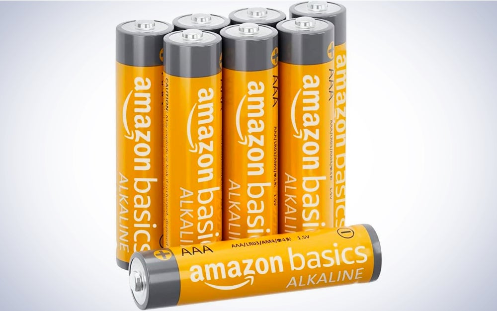 Amazon Basics 8-Pack AAA Alkaline High-Performance Batteries on a plain white background.