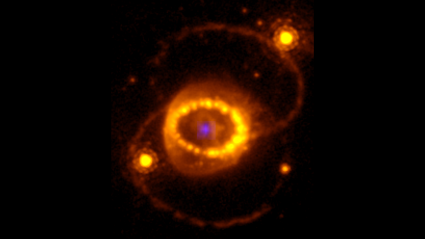 A combination of a Hubble Space Telescope image of SN 1987A and the compact argon source. The faint blue source in the center is the emission from the compact source detected with the James Webb Space Telescope. Outside this is the stellar debris, which contains most of the mass. The inner bright “string of pearls” is the gas from the outer layers of the star that was expelled about 20,000 years before the final explosion. The fast debris is now colliding with the ring, explaining the bright spots. Outside of the inner ring are two outer rings, presumably produced by the same process as forming the inner ring. The bright stars to the left and right of the inner ring are unrelated to the supernova.