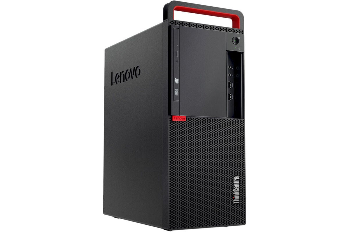 A red and black Lenovo ThinkCentre desktop computer on a white background.