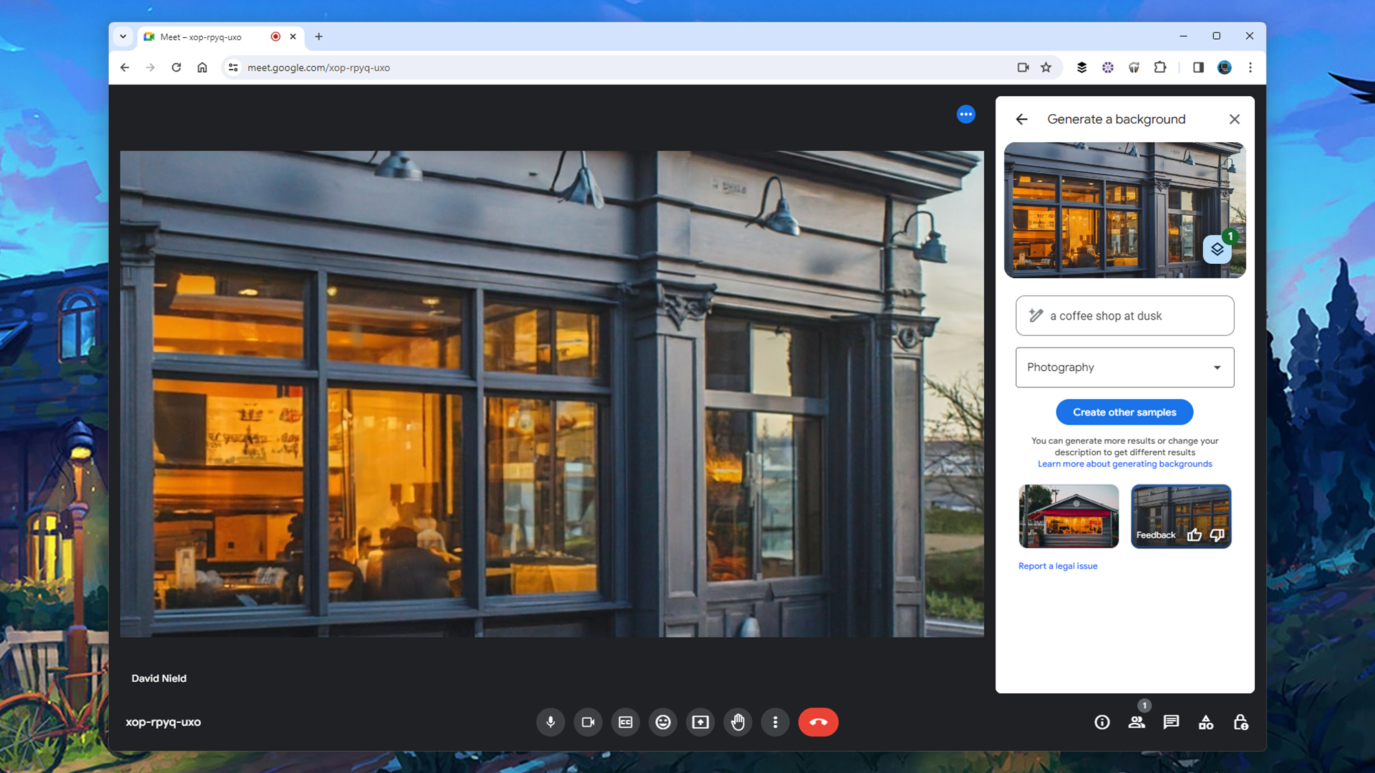 screenshot of google meet screen, showing an AI command of "coffee shop at dusk"