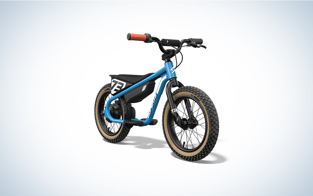 SUPER73 K1D blue motorbike-style electric balance bike for kids on a white background