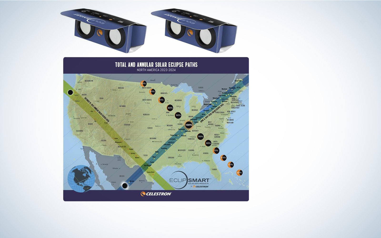 Celestron 2x magnification eclipse glasses with the map