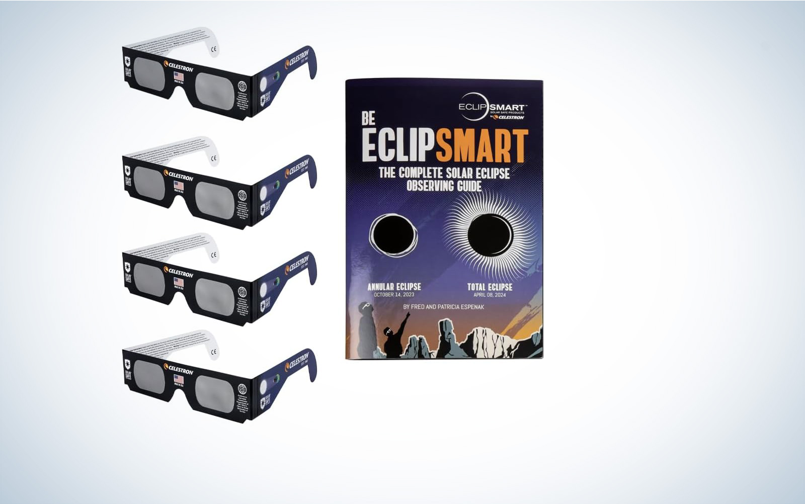 Occhiali Celestron Eclipse in confezione da quattro con la guida alla visione su sfondo semplice