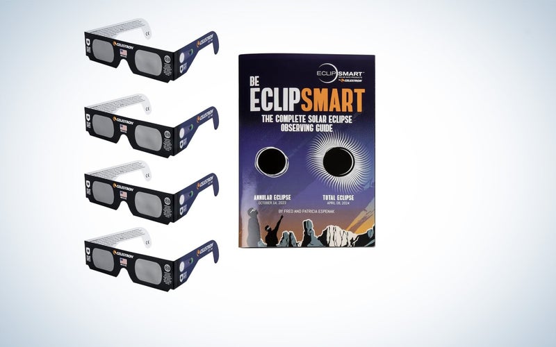 Celestron Eclipse Glasses four-pack with the viewing guide on a plain background