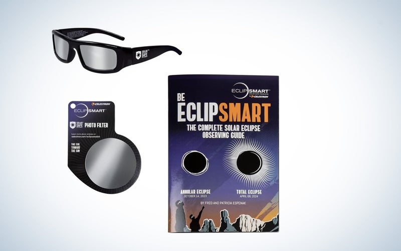 Celestron Eclipse viewing kit including one pair of high-end glasses, a photo filter, and a viewing guide