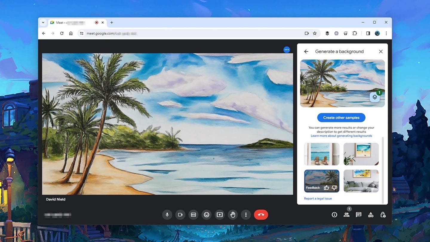 screenshot of an AI-generated Google meet background that shows a beach scene