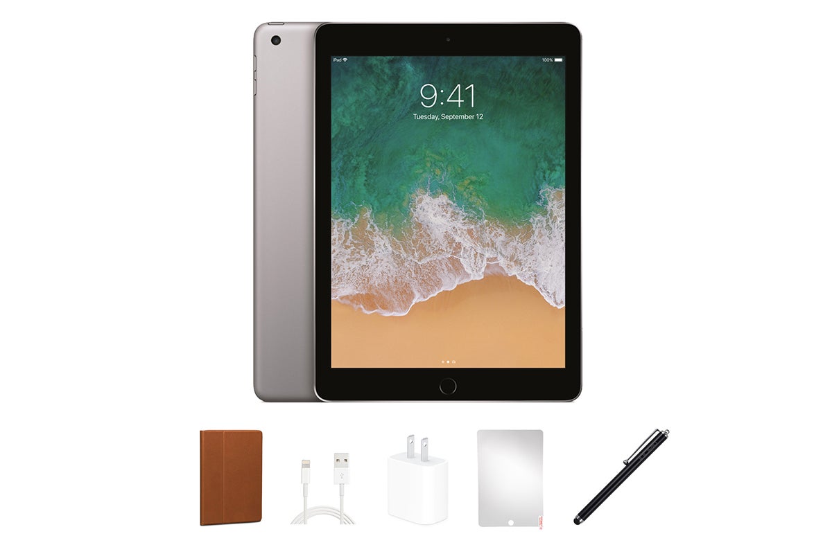 A silver refurbished Apple iPad with accessories on a white background.