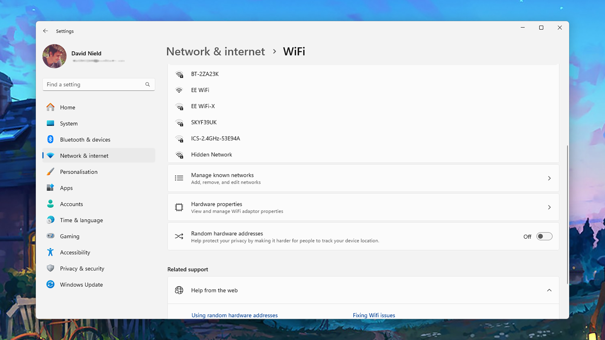 screenshot of wifi network options