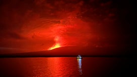 Volcano on island in the Galapagos spews lava into the sea
