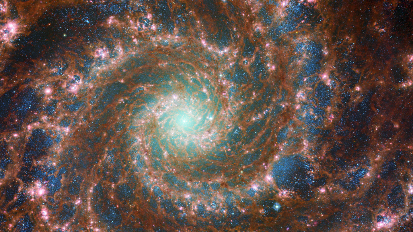 M74 aka the Phantom Galaxy shown in a combined optical/mid-infrared image, featuring data from both the Hubble Space Telescope and the James Webb Space Telescope. It is one of the celestial objects featured