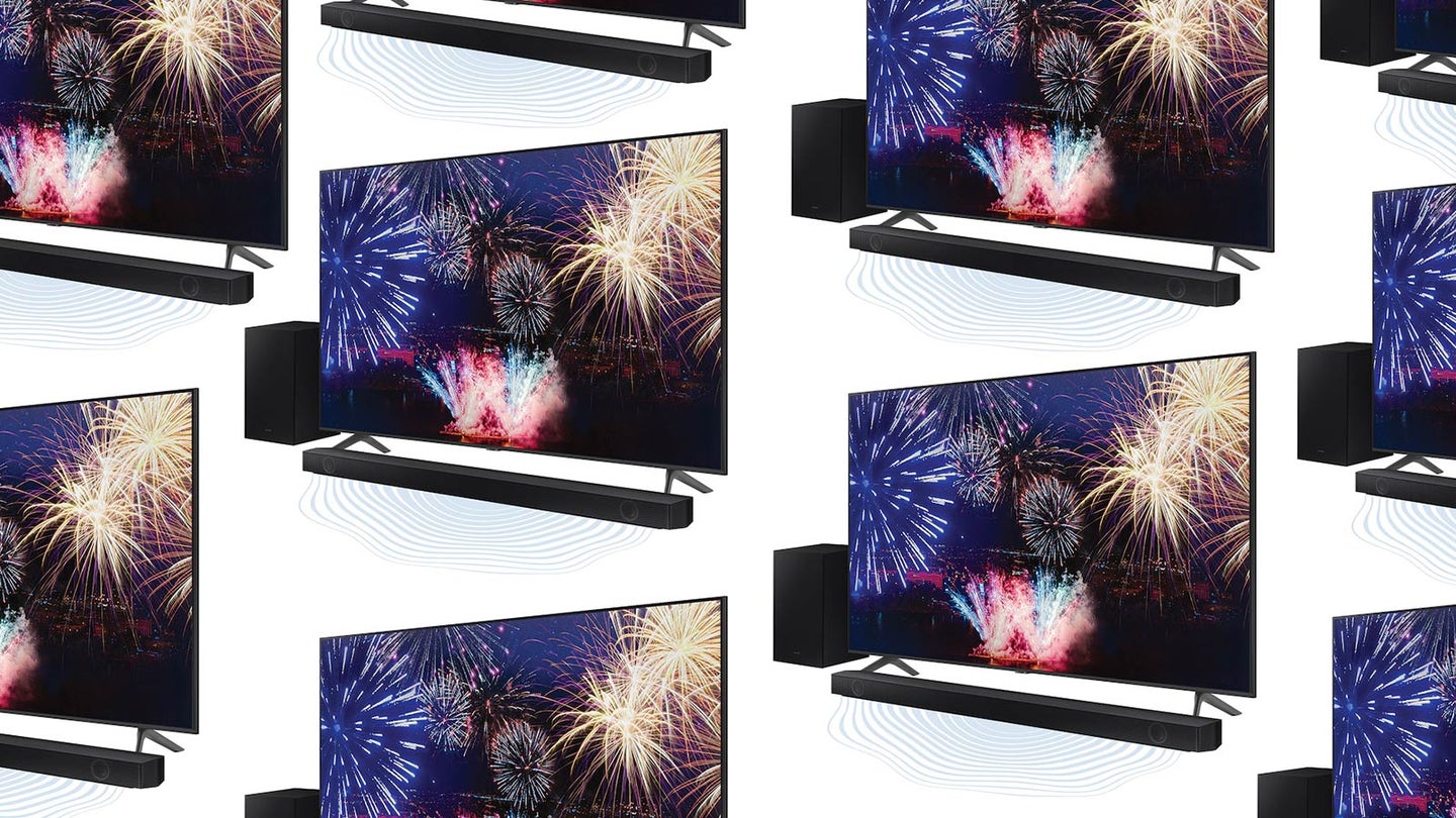 Samsung TVs and soundbars arranged on a plain background with soundbars