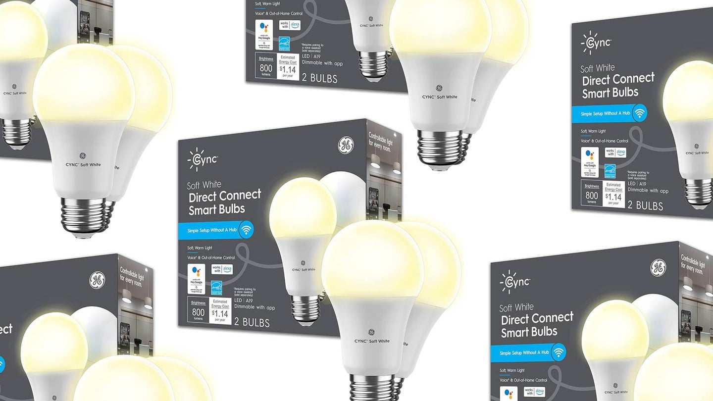 GE CYNC light bulbs arranged on a plain background