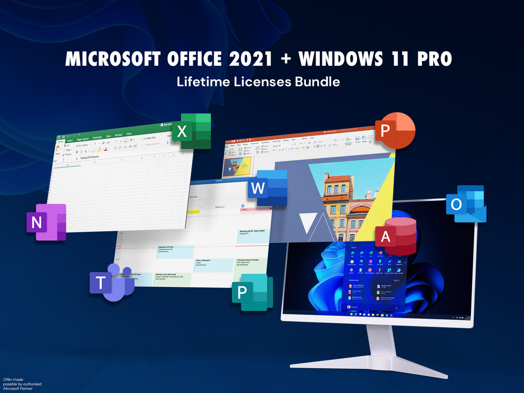 A Microsoft Office 2021 and Windows 11 Pro Bundle on a dark background