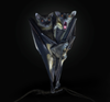two black bats cuddled close together with one bat's mouth ajar and tongue sticking out