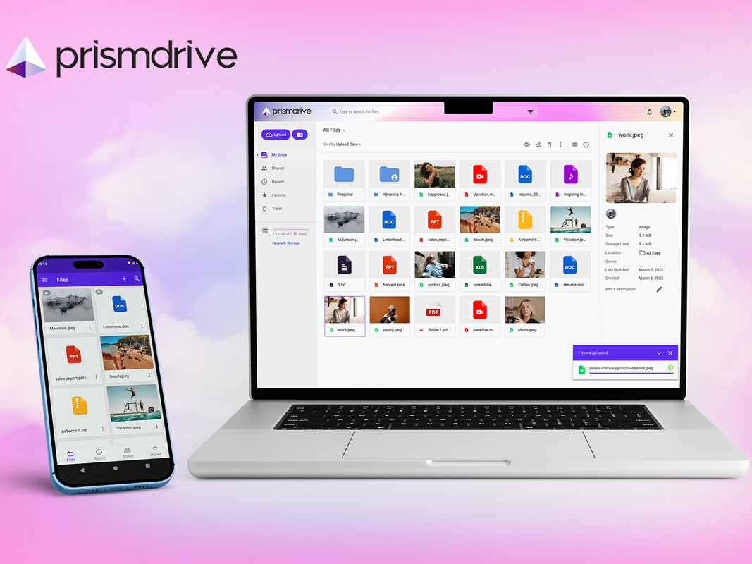 A laptop and phone with Prismdrive cloud storage pulled up on a pink background.