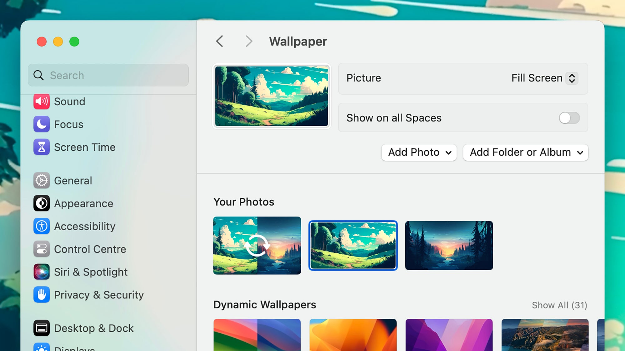 screenshot of Mac laptop's wallpaper settings page