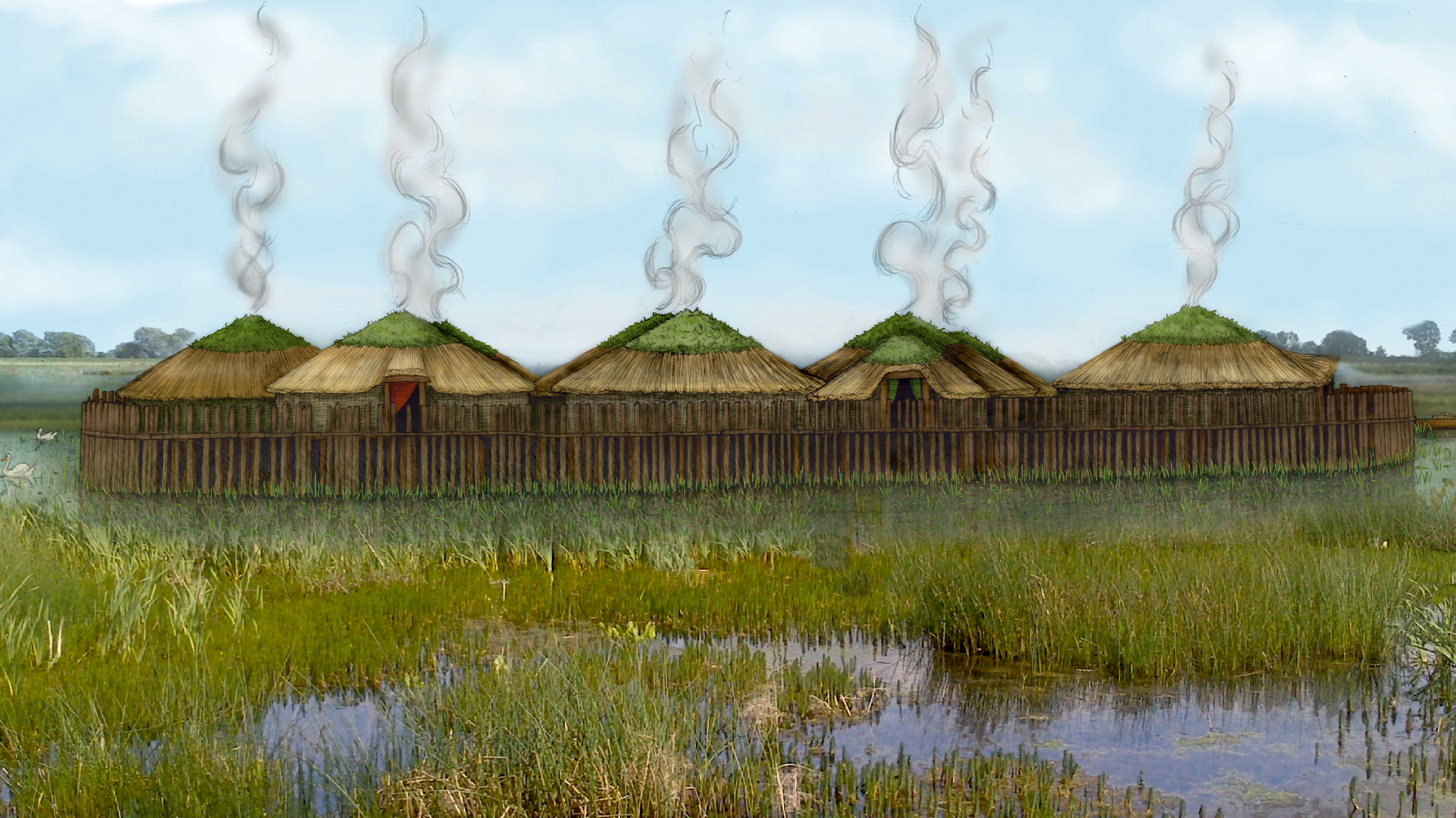 An illustration of the Bronze Age stilt settlement uncovered at Must Farm in eastern England. Five circular dwellings stand above a boggy wetland.