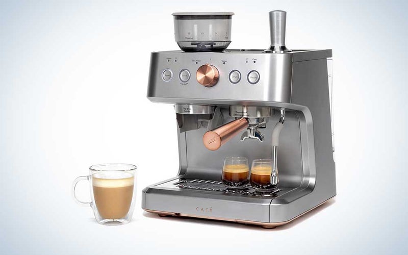 A CafÃ© Bellisima espresso machine on a plain background.