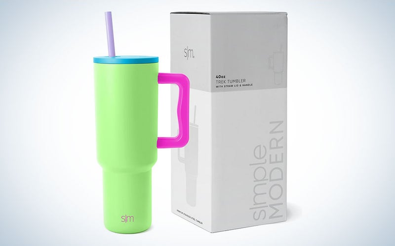 A brightly-colored Simply Modern tumbler on a plain background