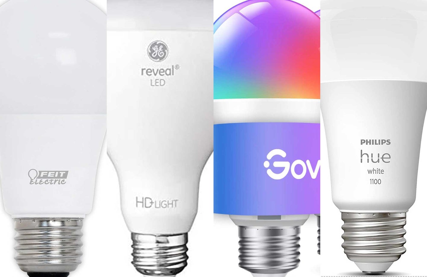 A lineup of the best LED light bulbs in four vertical sections