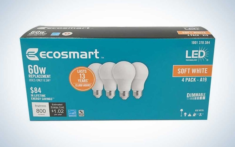 A package of Ecosmart LED light bulbs on a plain background.