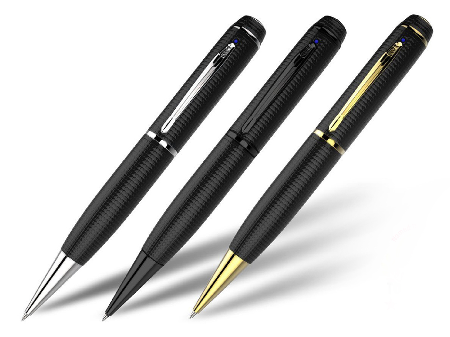 Three pens with a hidden camera on a plain background.