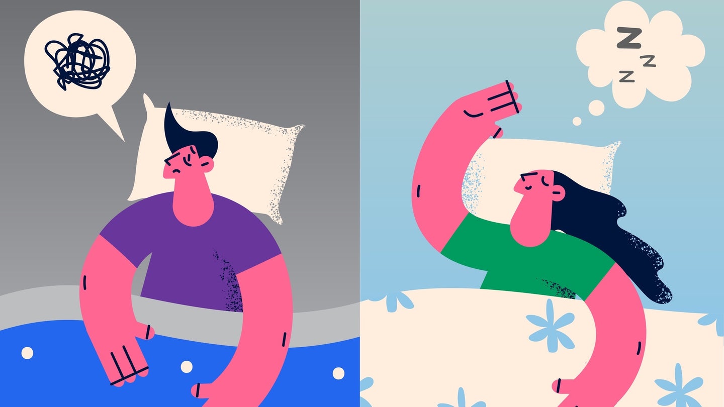 illustration of two people in bed, one sleeping, one awake
