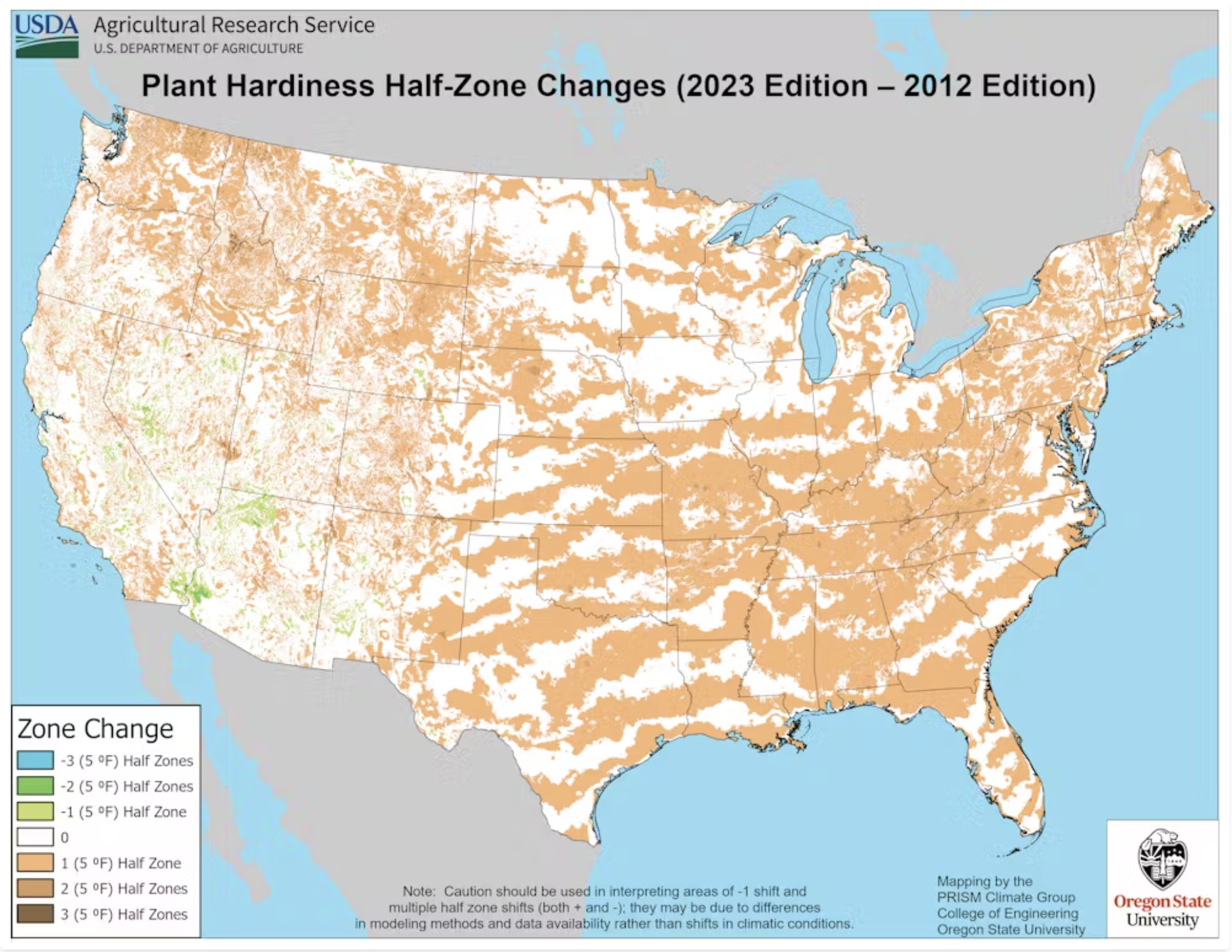 This map shows how plant hardiness zones have shifted northward from the 2012 to the 2023 USDA maps. A half-zone change corresponds to a tan area. Areas in white indicate zones that experienced minimal change. Prism Climate Group, Oregon State University, CC BY-ND